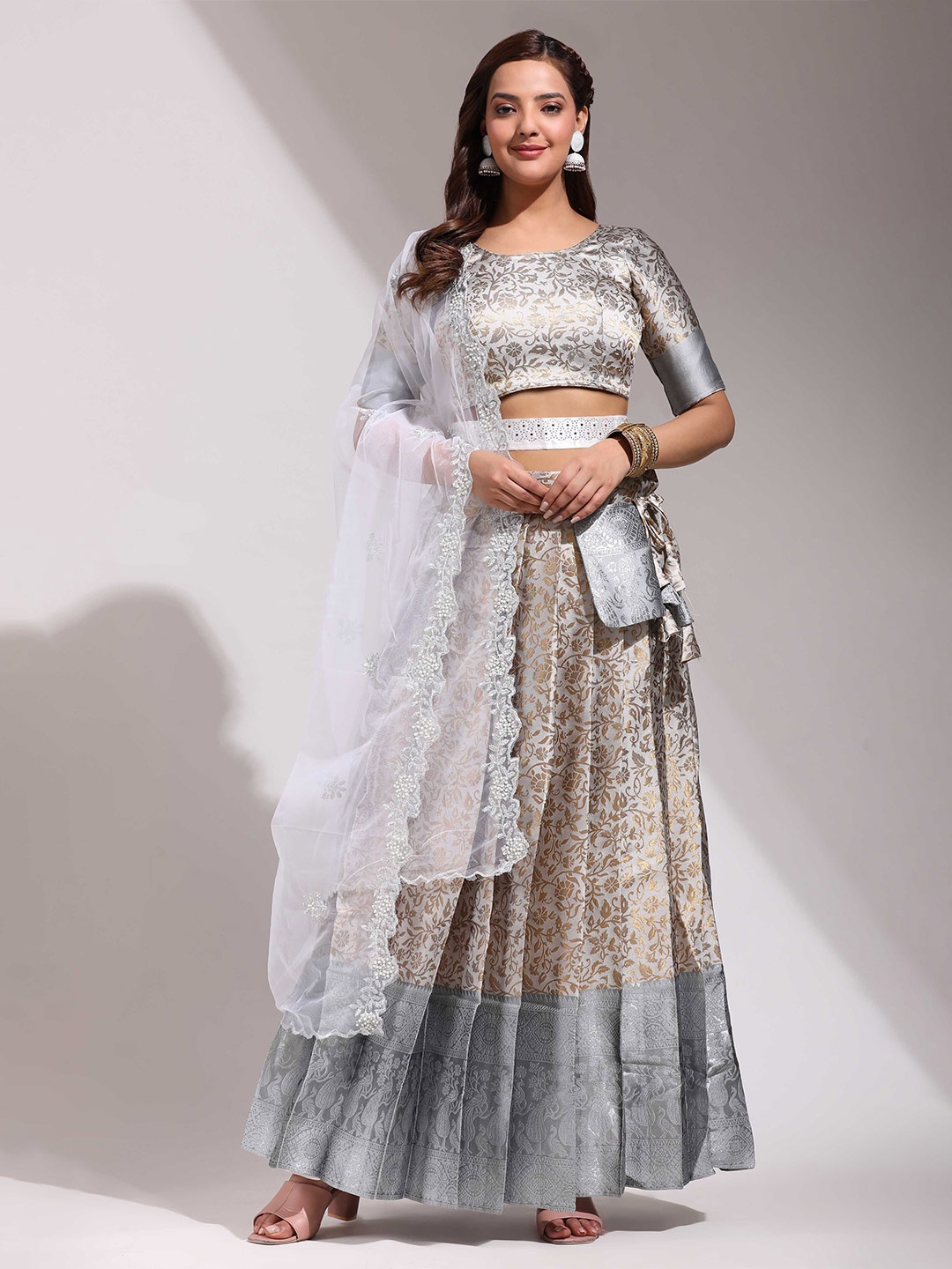

Fabcartz Woven Design Semi Stitched Lehenga & Unstitched Blouse With Dupatta, Grey