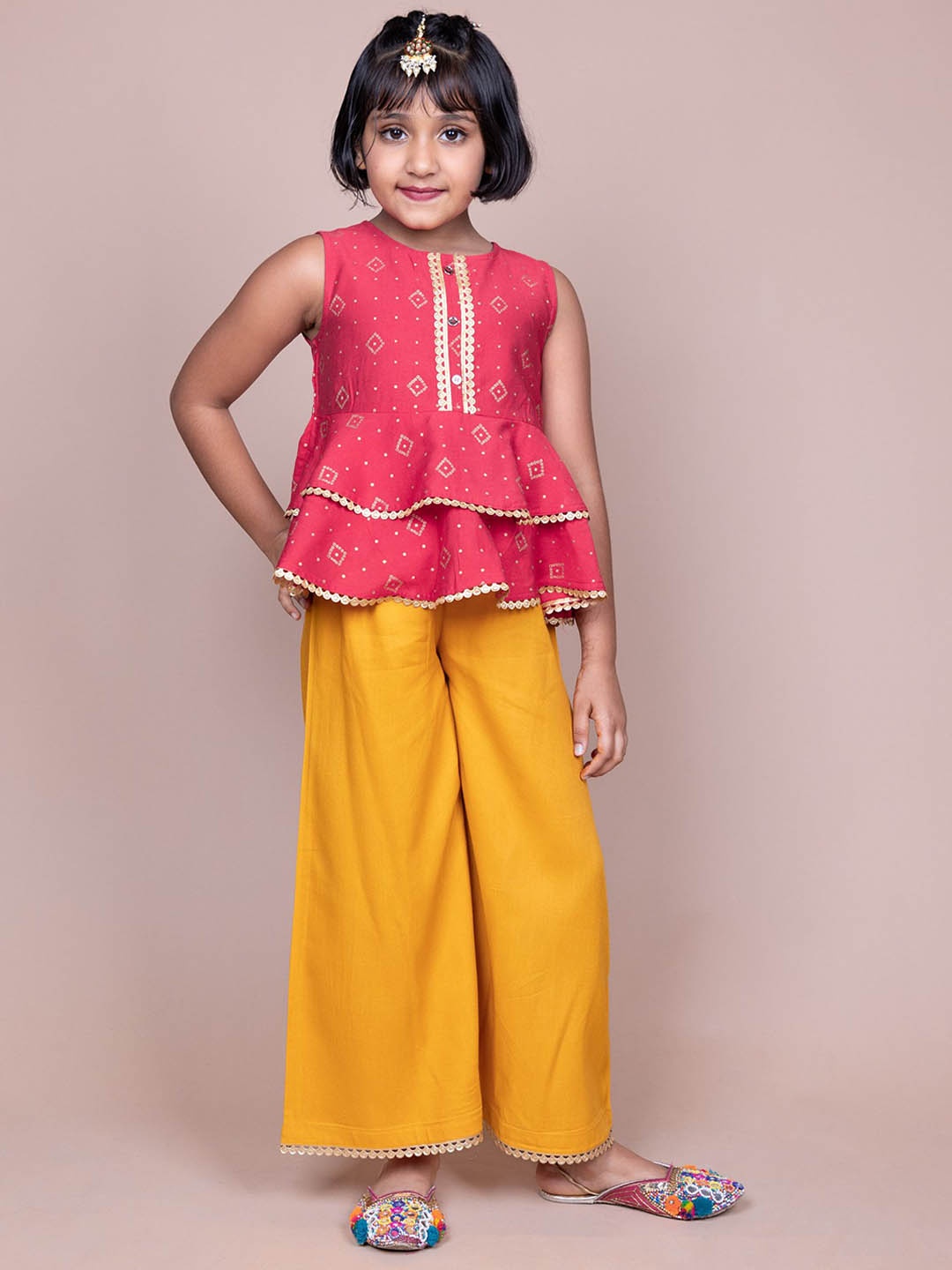 

KASYA Girls Bandhani Printed Tiered Top with Palazzos, Red