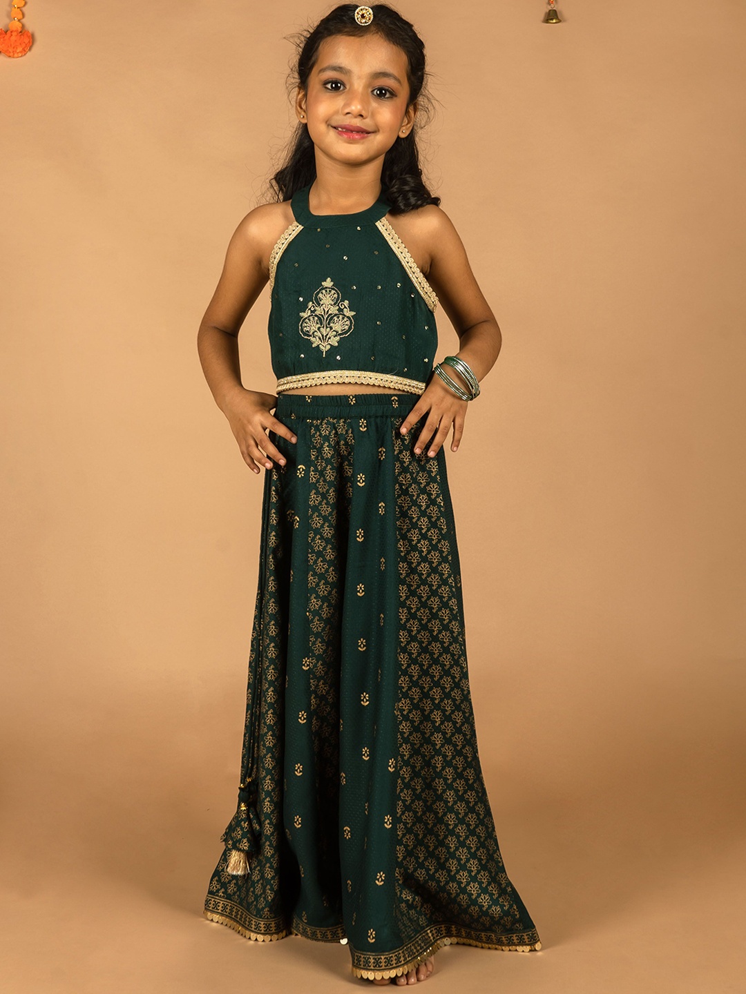 

KASYA Girls Floral Embroidered Regular Top with Skirt, Olive