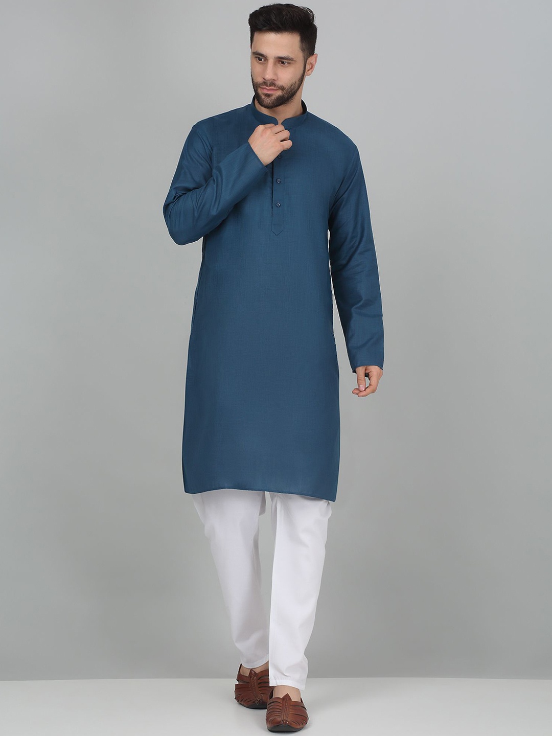 

KRAFT INDIA Mandarin Collar Pure Cotton Knee Length Straight Kurta, Blue