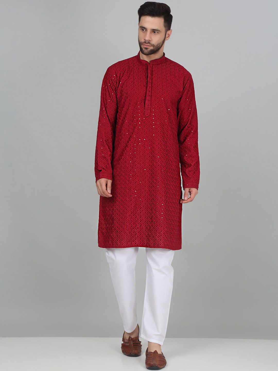 

KRAFT INDIA Geometric Embroidered Mandarin Collar Sequins Straight Kurta, Maroon