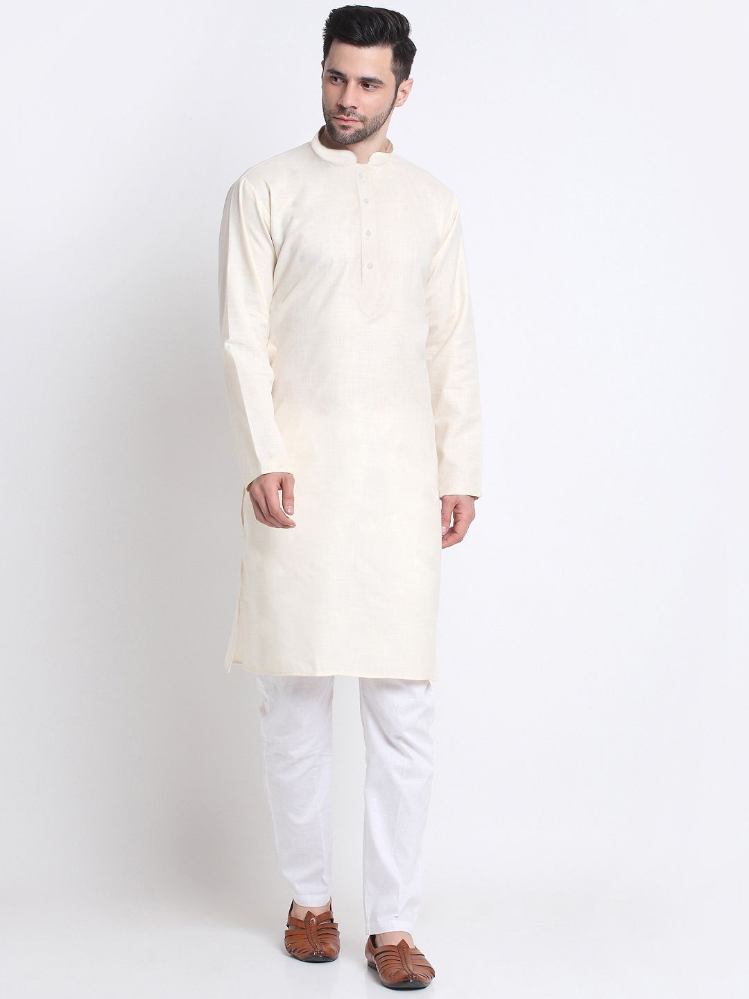 

KRAFT INDIA Mandarin Collar Pure Cotton Knee Length Straight Kurta, Cream