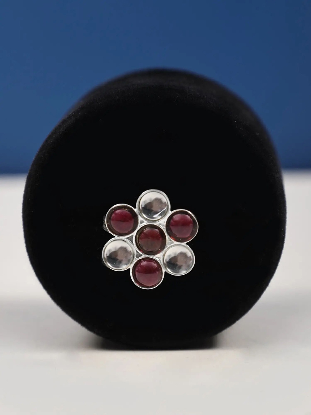 

Exotic India Garnet and Crystal Stone Adjustable Floral Design Sterling Silver Ring