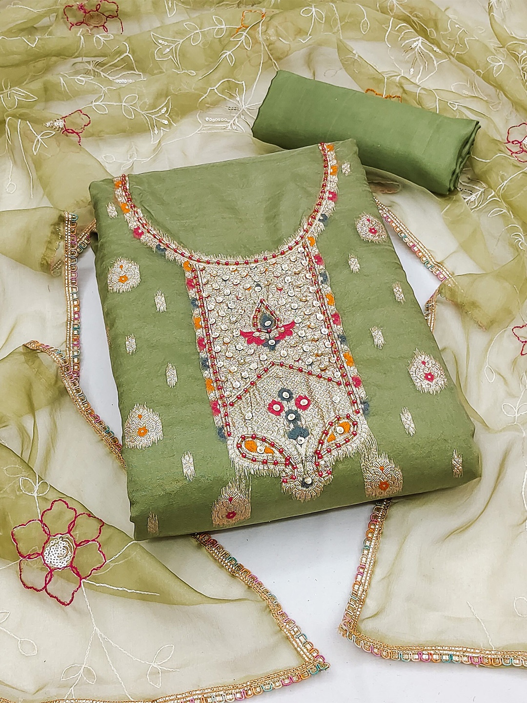 

MAHALASA Ethnic Motifs Embroidered Stones & Beads Unstitched Dress Material, Green