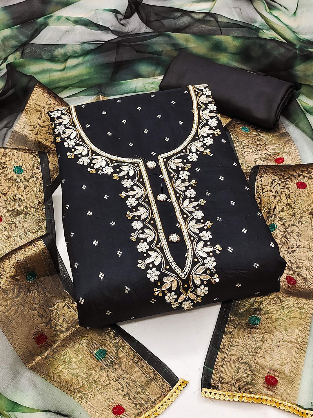 

MAHALASA Floral Embroidered Beads and Stones Unstitched Dress Material, Navy blue