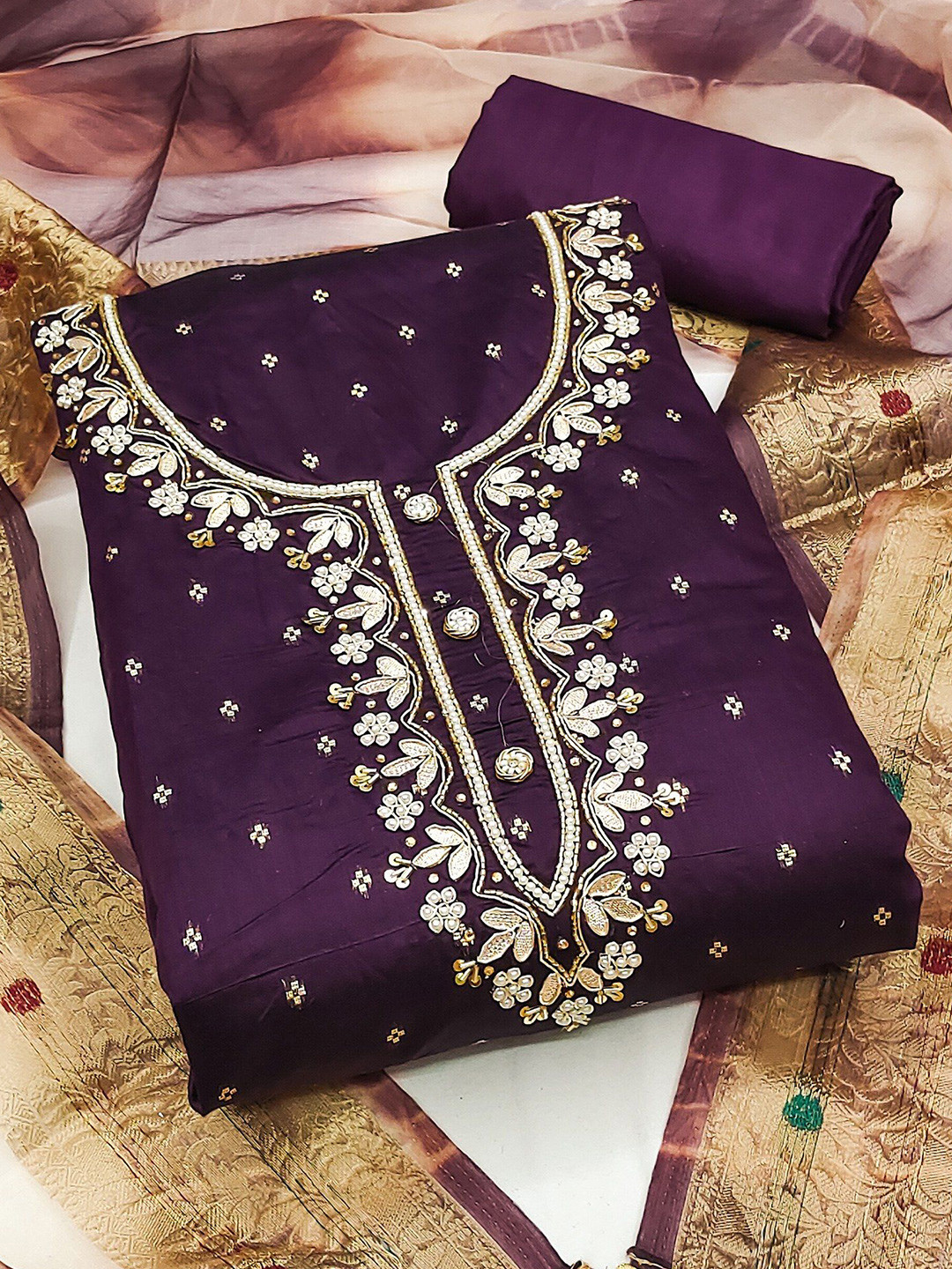 

MAHALASA Ethnic Motifs Embroidered Beads & Stones Unstitched Dress Material, Purple