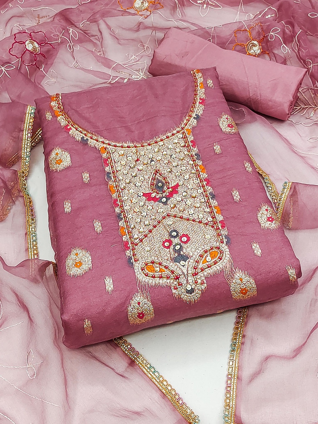 

MAHALASA Floral Embroidered Beads and Stones Unstitched Dress Material, Pink