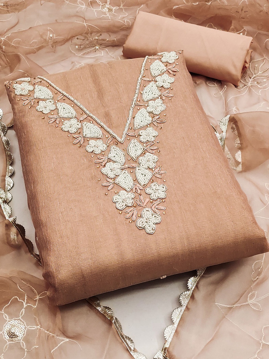 

MAHALASA Floral Embroidered Stones & Beads Unstitched Dress Material, Peach