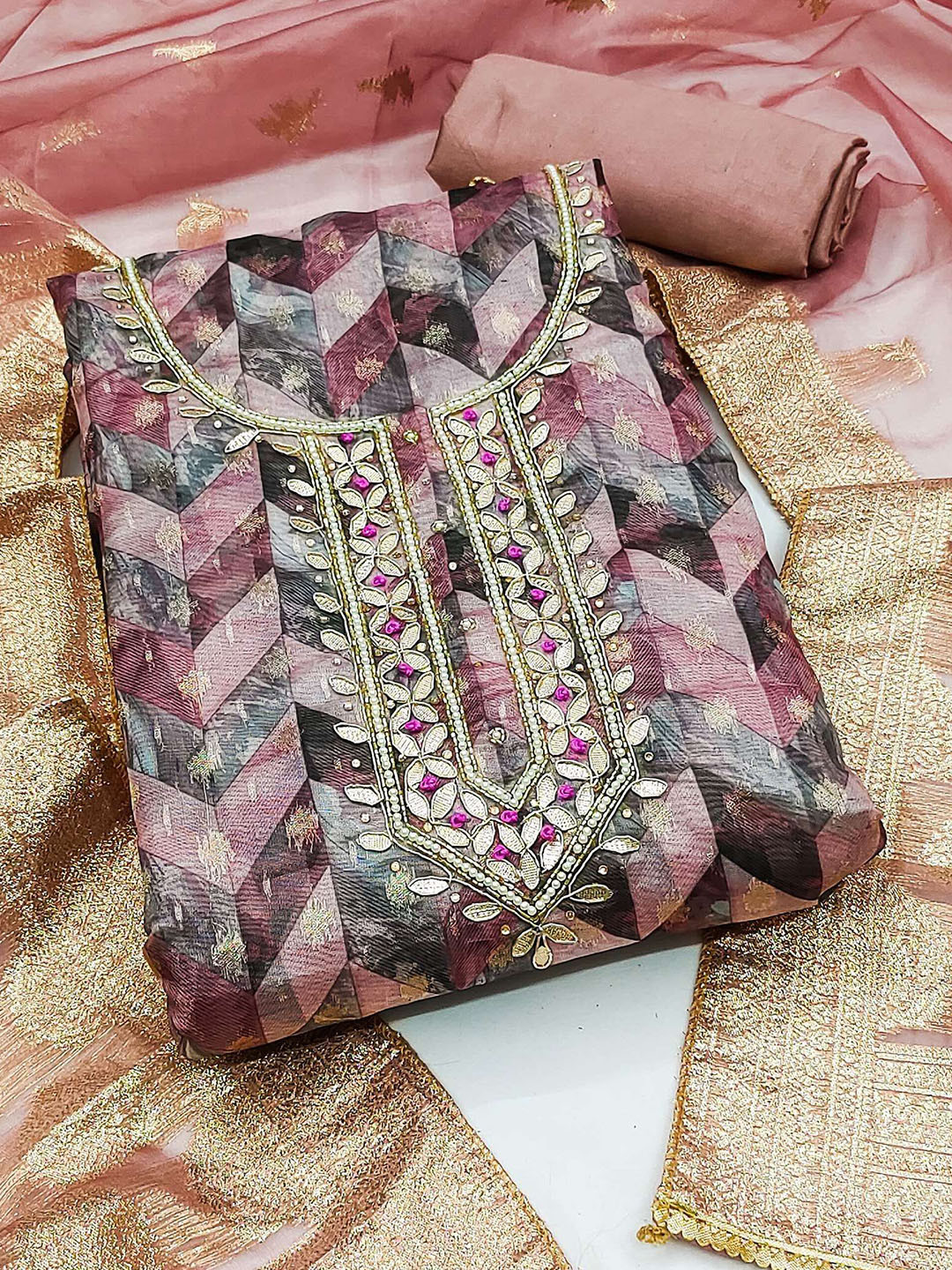 

MAHALASA Geometric Printed Beads and Stones Unstitched Dress Material, Purple