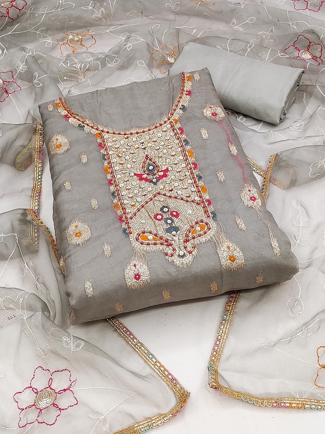 

MAHALASA Ethnic Motifs Woven Design Beads and Stones Unstitched Dress Material, Grey