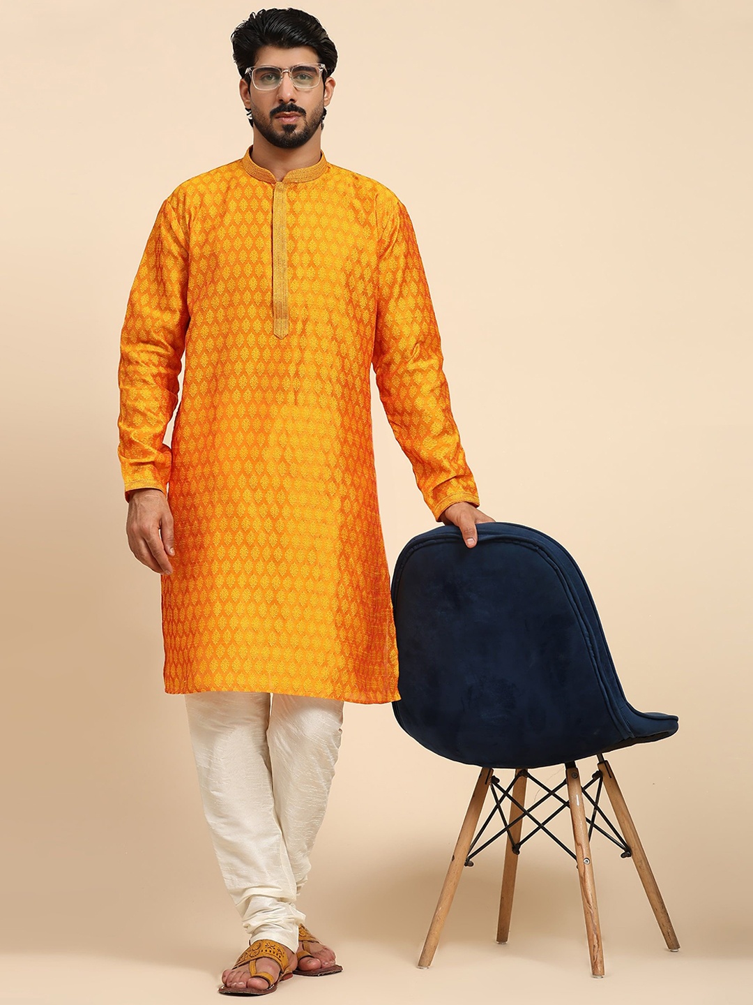 

Enciger Men Ethnic Motifs Woven Design Mandarin Collar Kurta with Churidar, Yellow