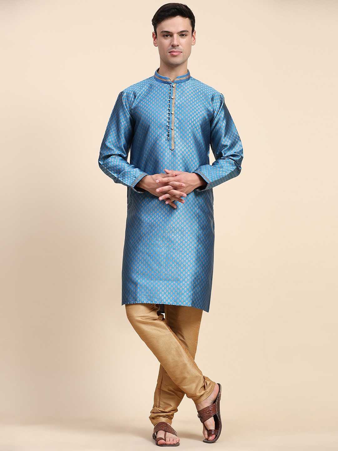 

Enciger Ethnic Motifs Woven Design Mandarin Collar Kurta with Churidar, Turquoise blue