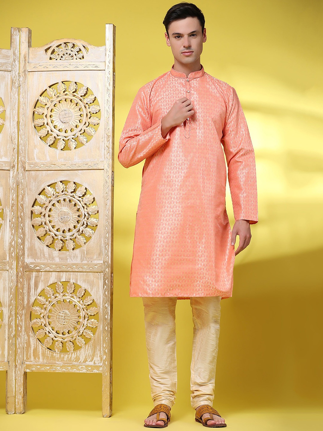 

Enciger Ethnic Motifs Woven Design Mandarin Collar Kurta with Churidar, Orange