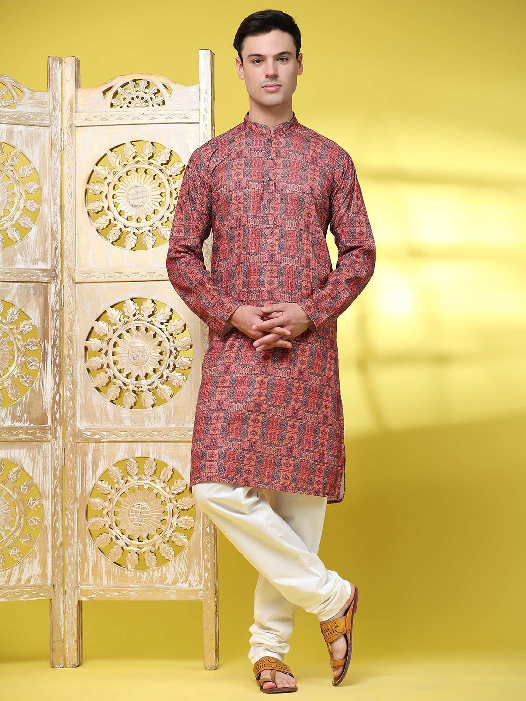 

Enciger Ethnic Motifs Woven Design Mandarin Collar Kurta with Churidar, Maroon