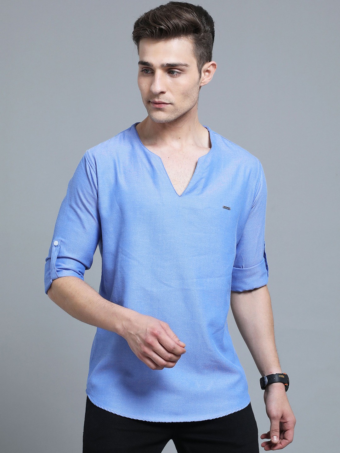 

Rope Notch Neck Roll-Up Sleeves Pure Cotton Straight Kurta, Blue