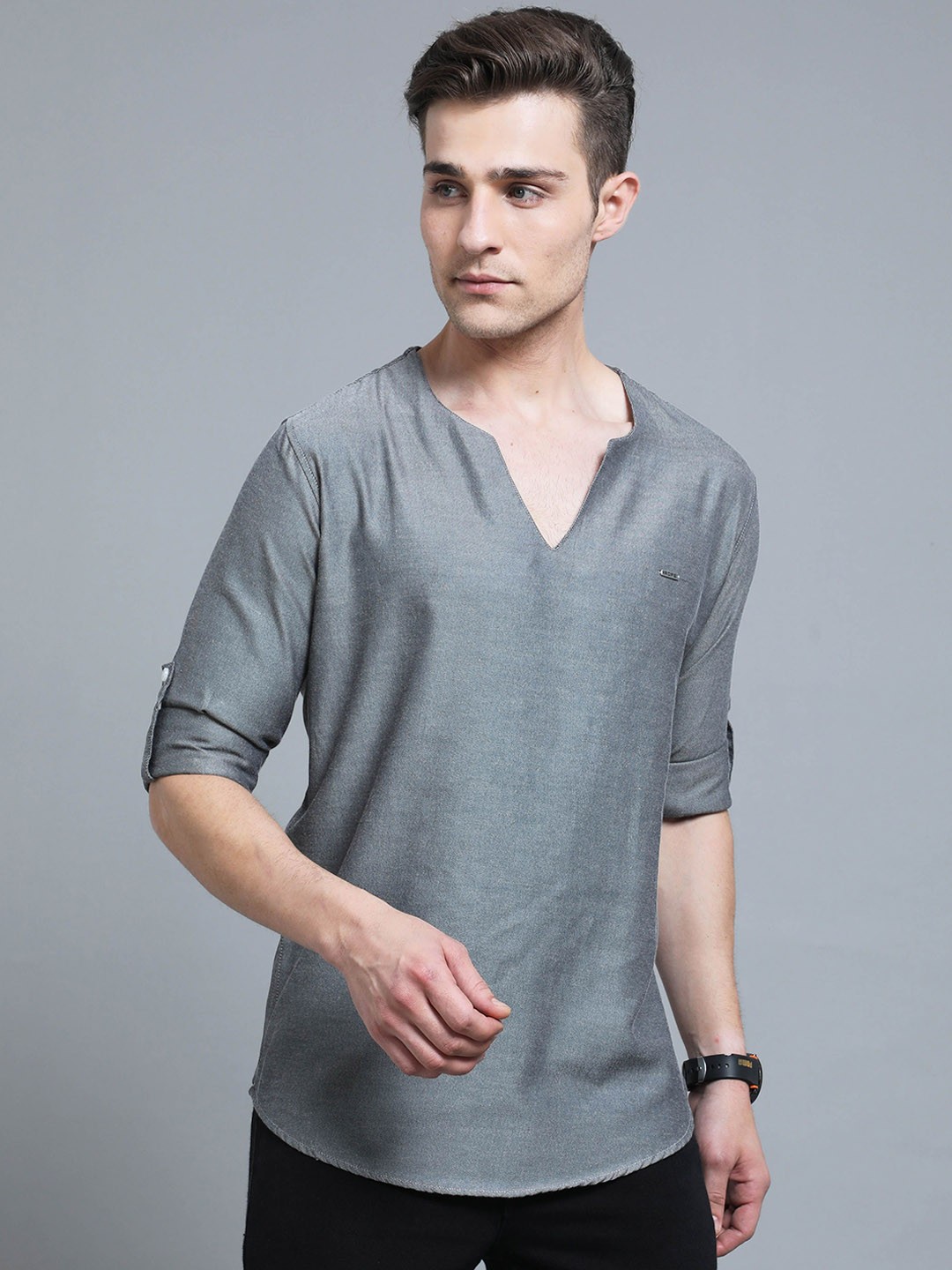 

Rope Notch Neck Roll-Up Sleeves Pure Cotton Straight Kurta, Grey