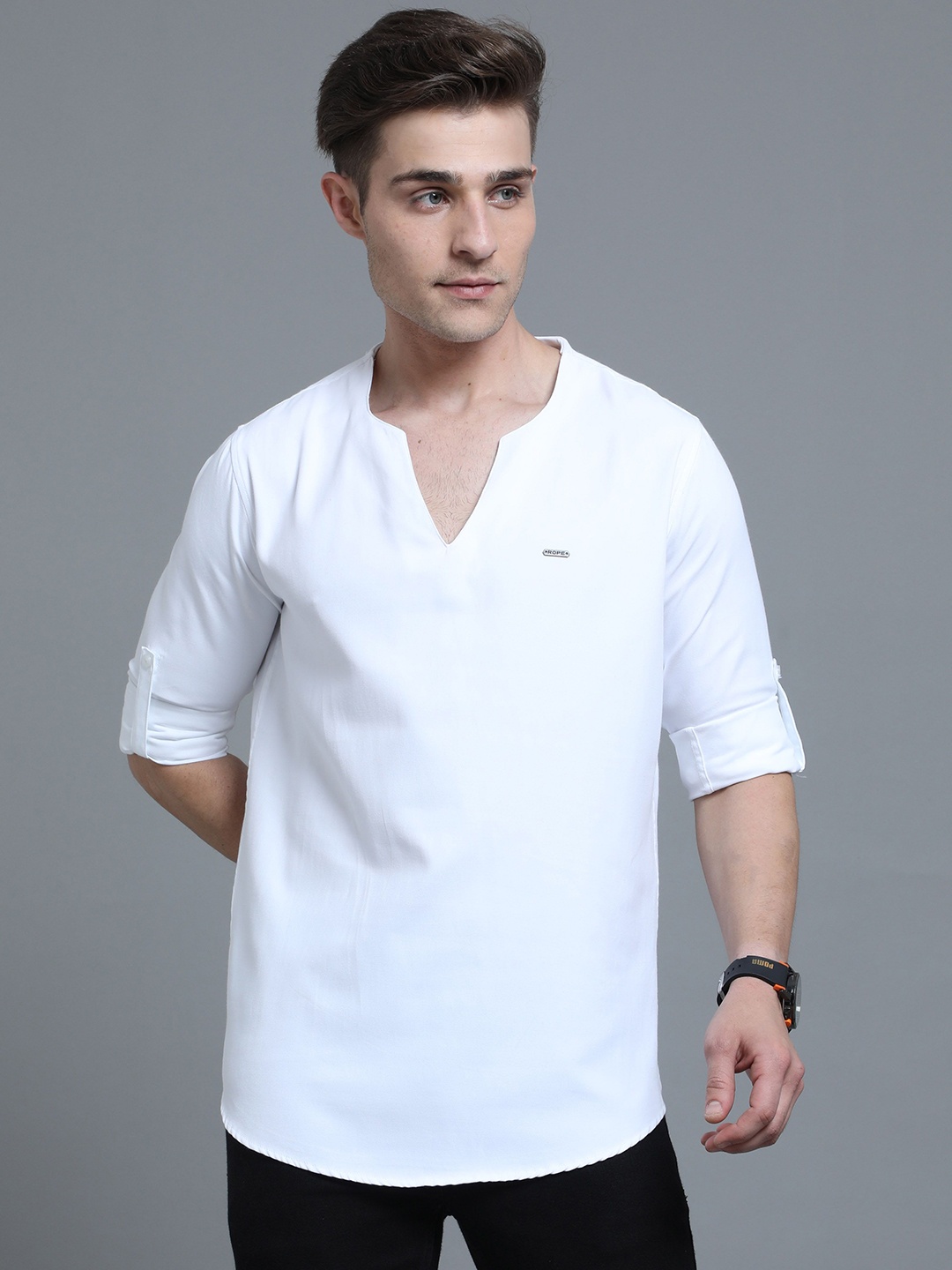 

Rope Notch Neck Roll-Up Sleeves Pure Cotton Straight Kurta, White