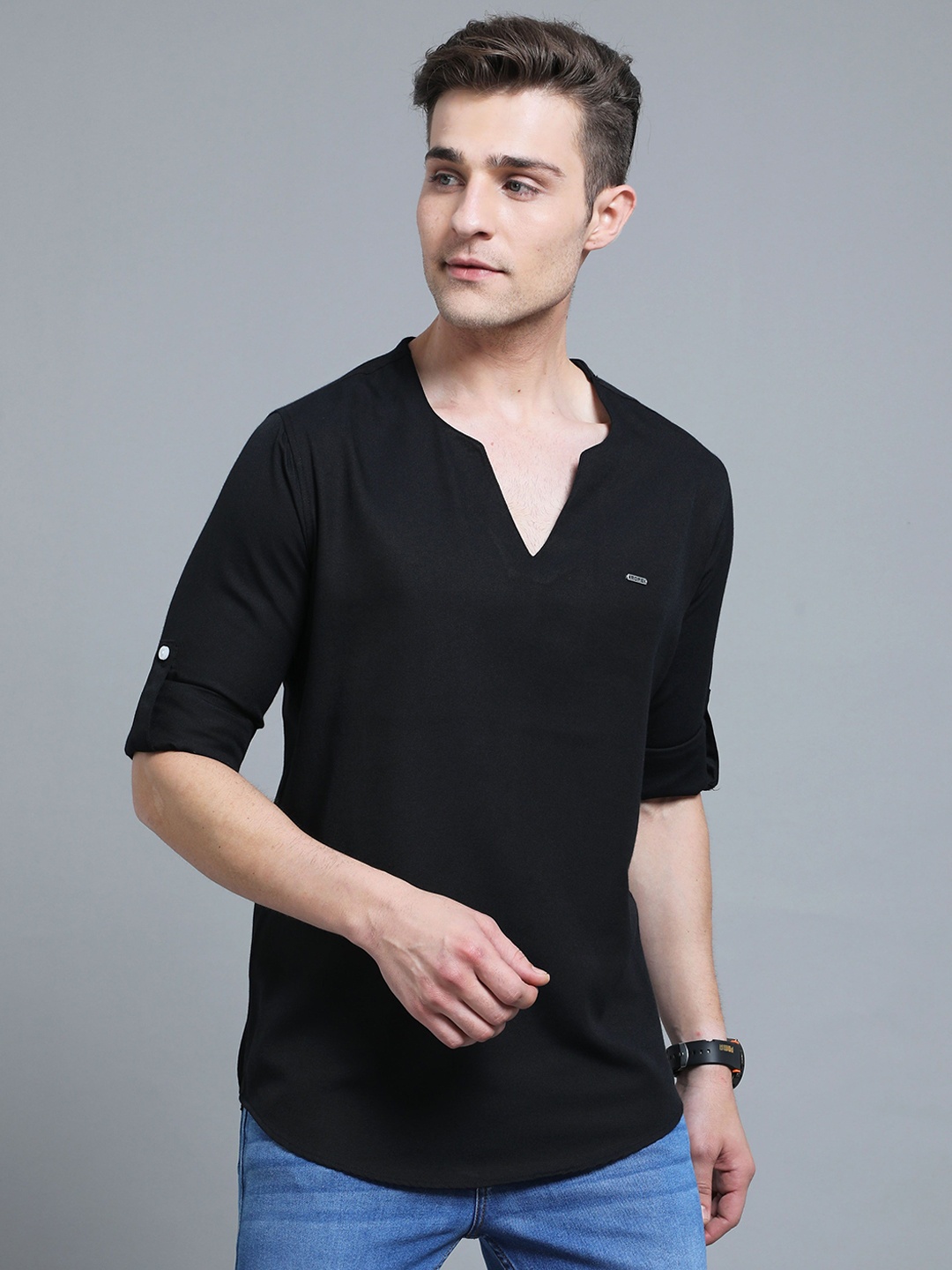 

Rope Notch Neck Roll-Up Sleeves Pure Cotton Straight Kurta, Black