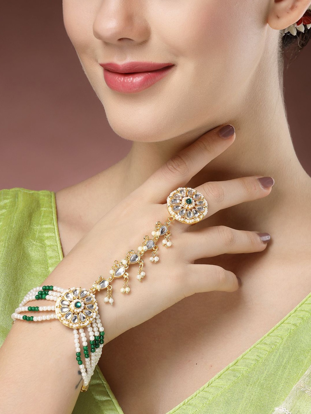 

NVR Gold-Plated Kundan Stone Studded & Beaded Ring Bracelet