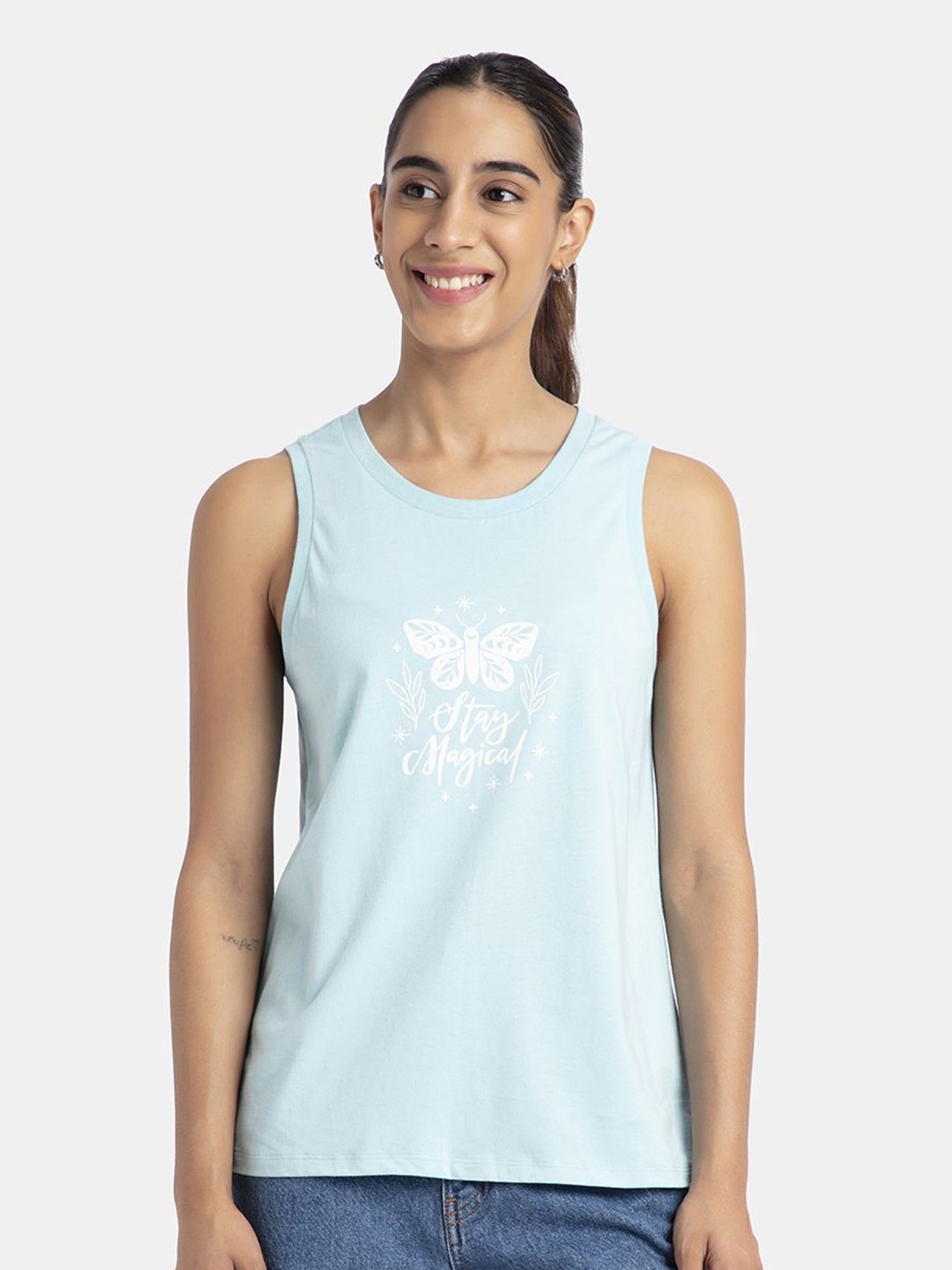 

Jockey Super Combed Cotton Relaxed Fit Printed Racerback Styled Tank Top -A155, Blue