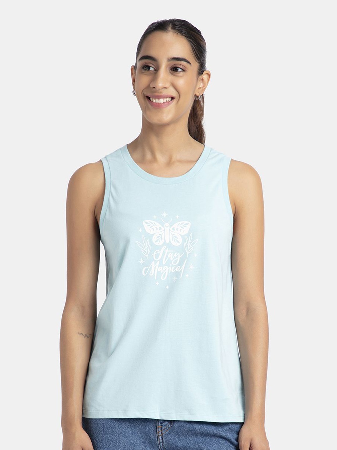 

Jockey Women Super Combed Cotton Relaxed Fit Printed Racerback Styled Tank Top-A155, Blue