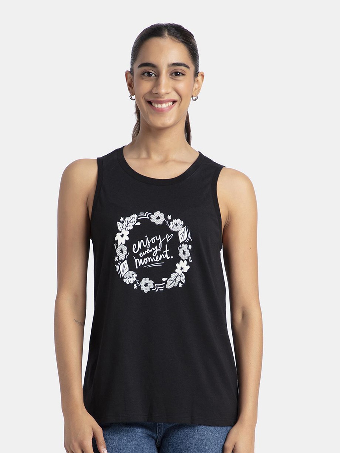 

Jockey Super Combed Cotton Relaxed Fit Typography Printed Racerback Styled Tank Top-A155, Black