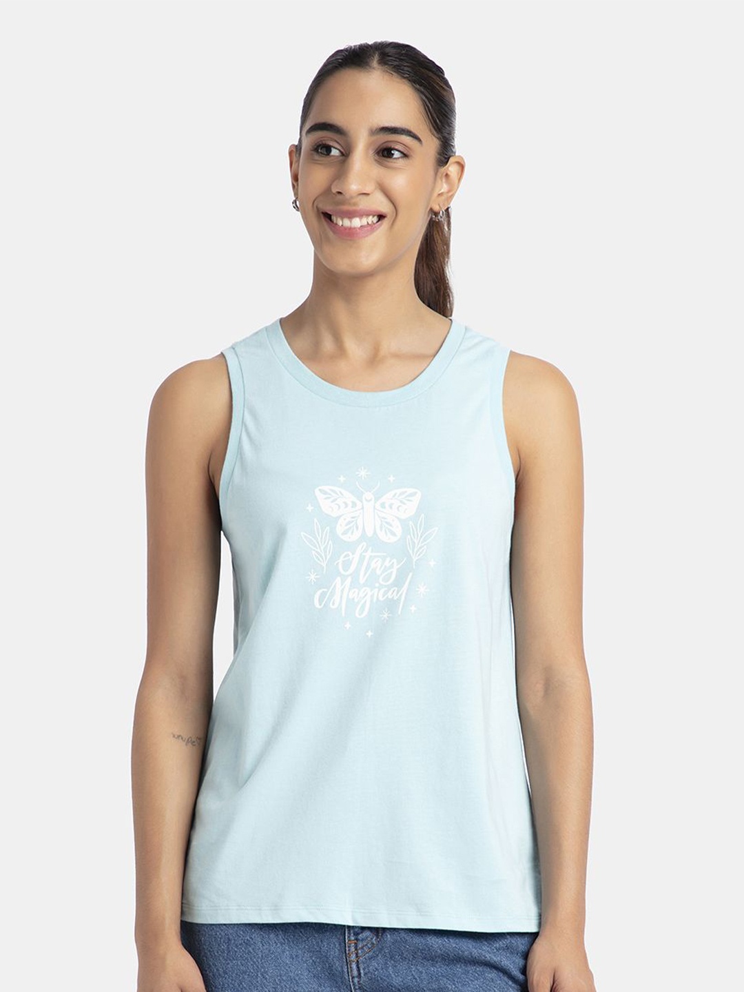 

Jockey Super Combed Cotton Relaxed Fit Printed Racerback Styled Tank Top-A155, Blue