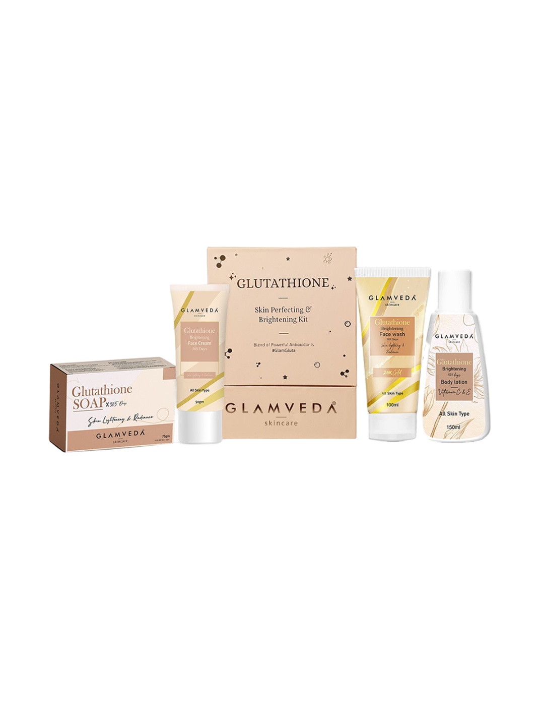 

GLAMVEDA Set Of 4 Glutathione Face Wash, Face Cream, Body Lotion & Soap Gift Set, White
