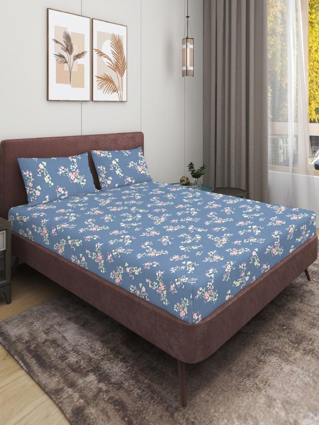 

MODEFE Blue & Pink Floral Printed 180 TC Microfiber Queen Bedsheet with 2 Pillow Covers