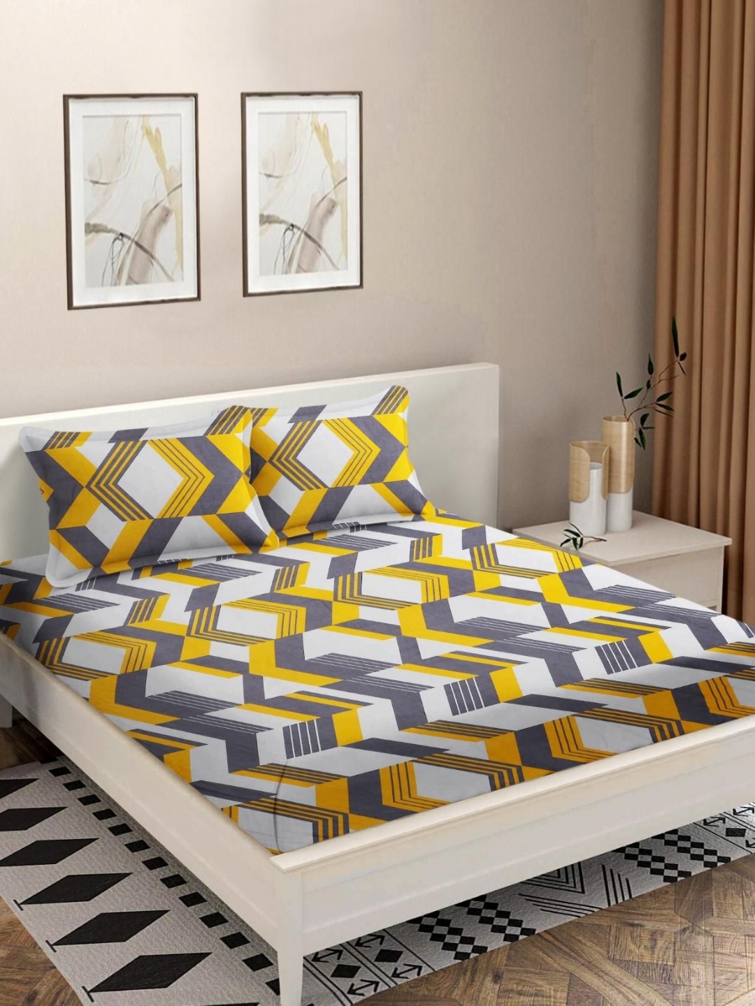 

MODEFE Yellow & White Printed Microfiber 180 TC Double Queen Bedsheet with 2 Pillow Covers