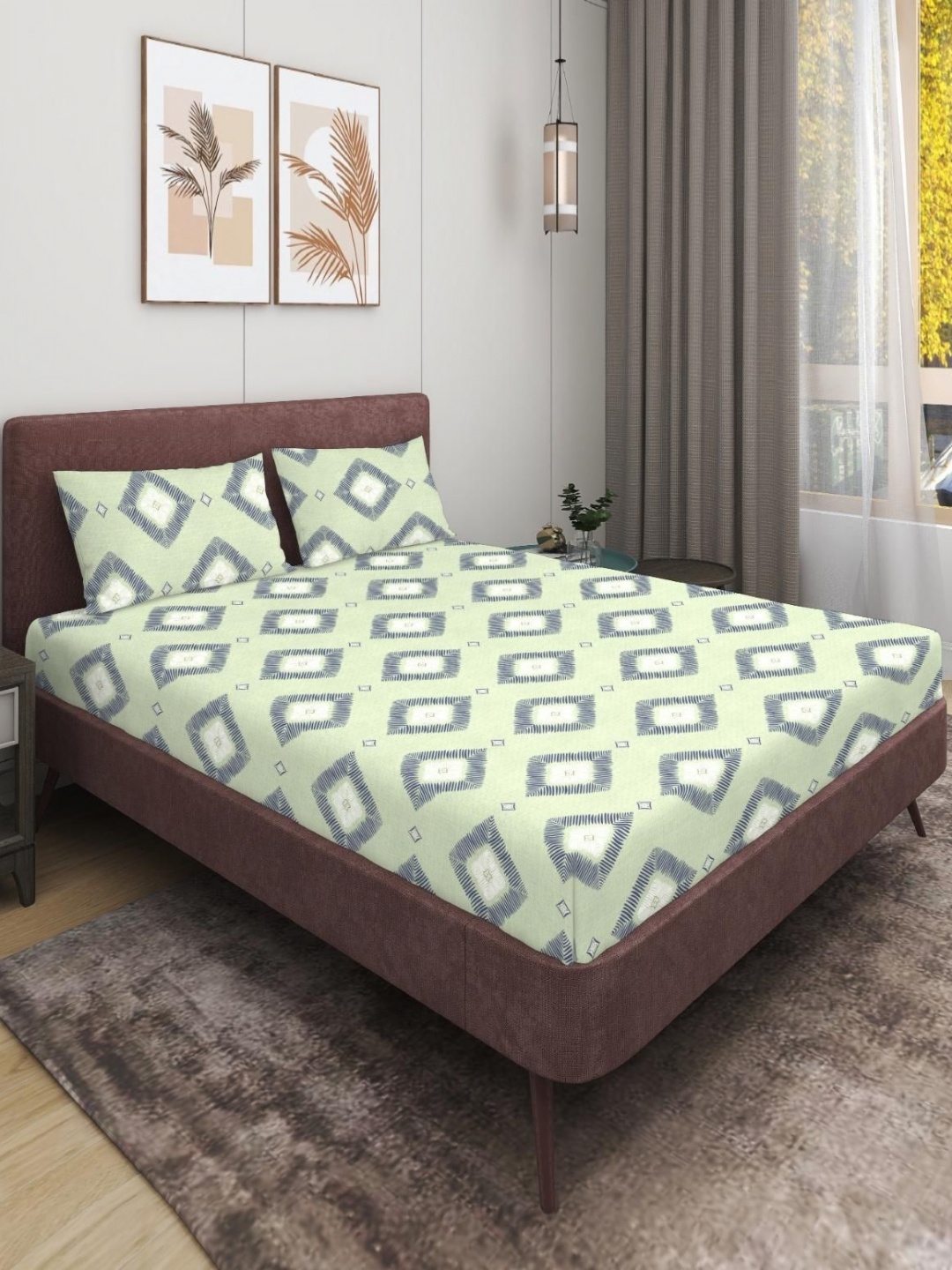 

MODEFE Green & Grey Printed Microfiber 180 TC Double Queen Bedsheet with 2 Pillow Covers