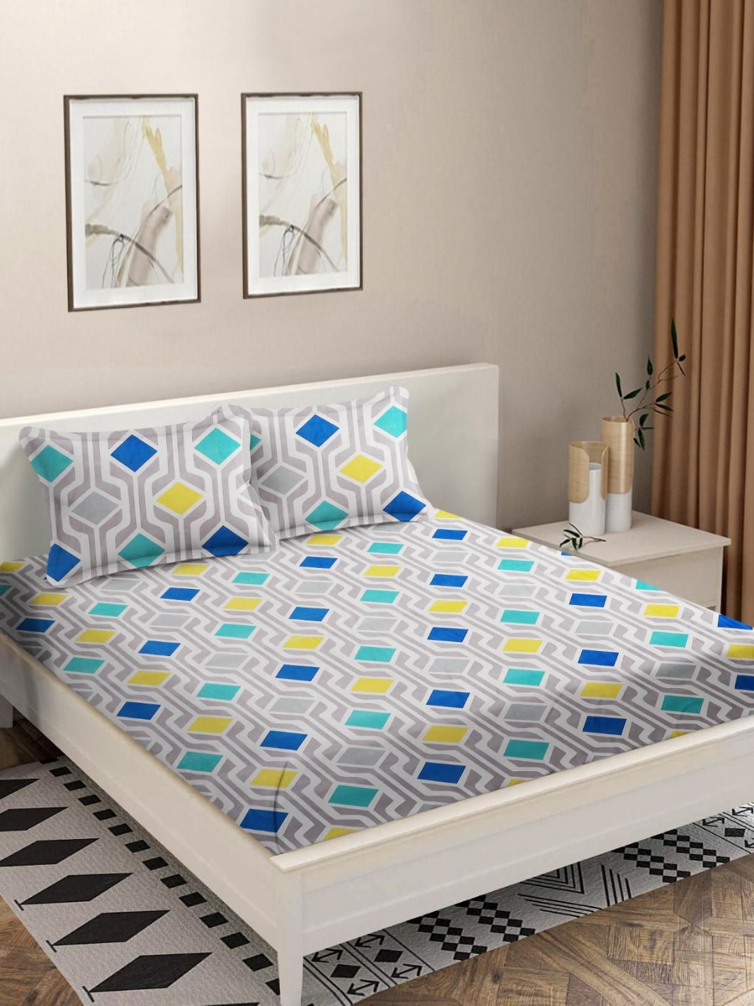 

MODEFE Grey & Blue Geometric Printed 180 TC Microfiber Queen Bedsheet with 2 Pillow Covers