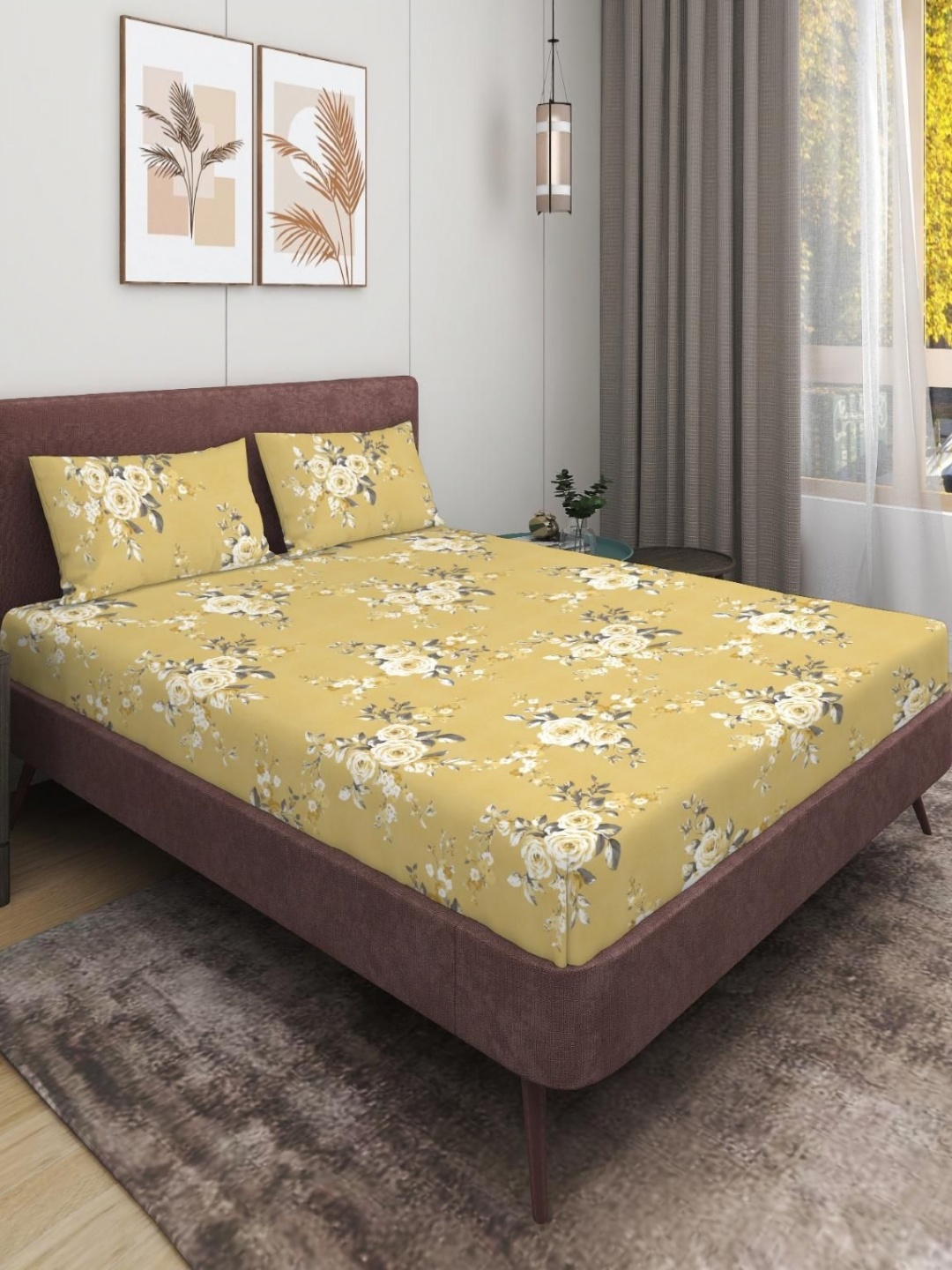 

MODEFE Yellow Floral Printed 180 TC Microfiber Queen Bedsheet with 2 Pillow Covers