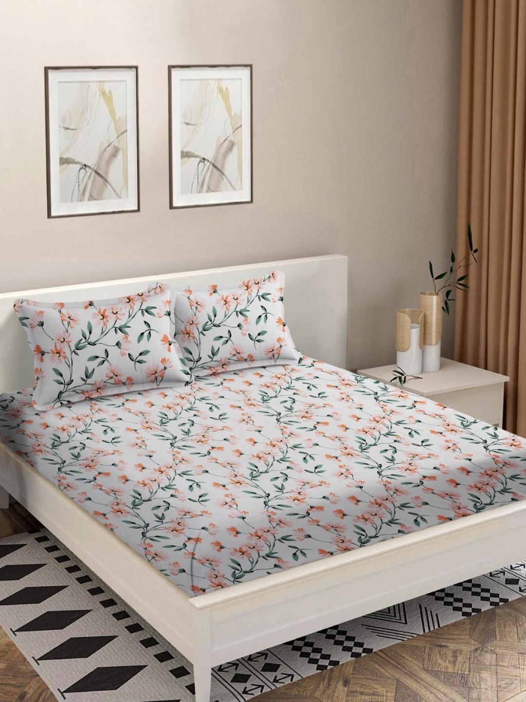 

MODEFE Grey & Orange Floral Printed 180 TC Microfiber Queen Bedsheet with 2 Pillow Covers