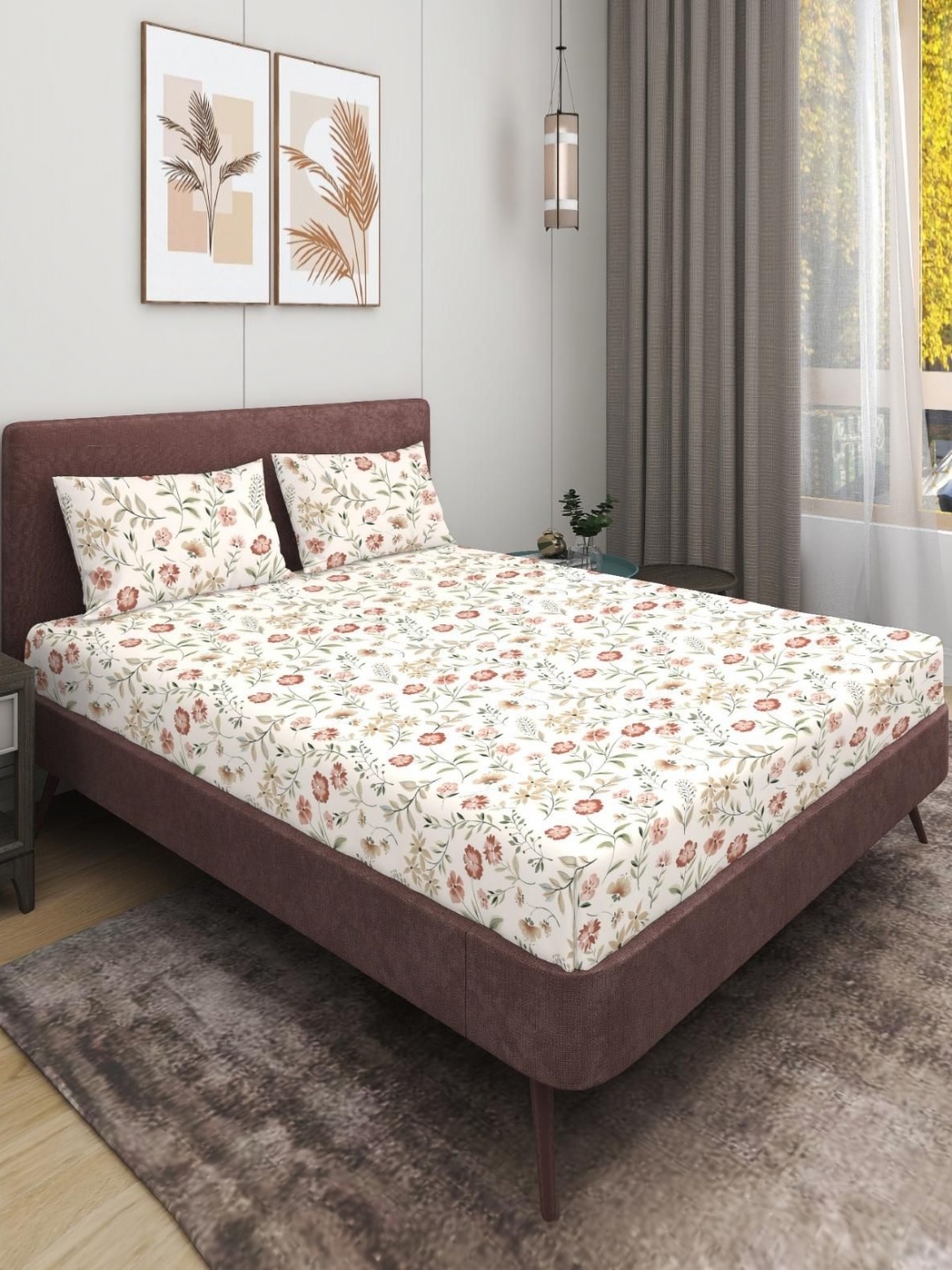 

MODEFE Cream Coloured Printed 180 TC Microfiber Double Queen Bedsheet With 2 Pillow Covers