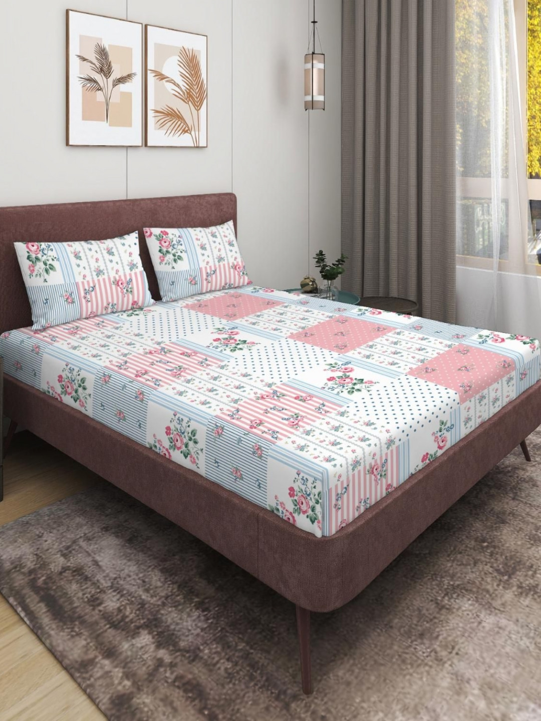 

MODEFE Off White Printed Microfiber 180 TC Double Queen Bedsheet with 2 Pillow Covers