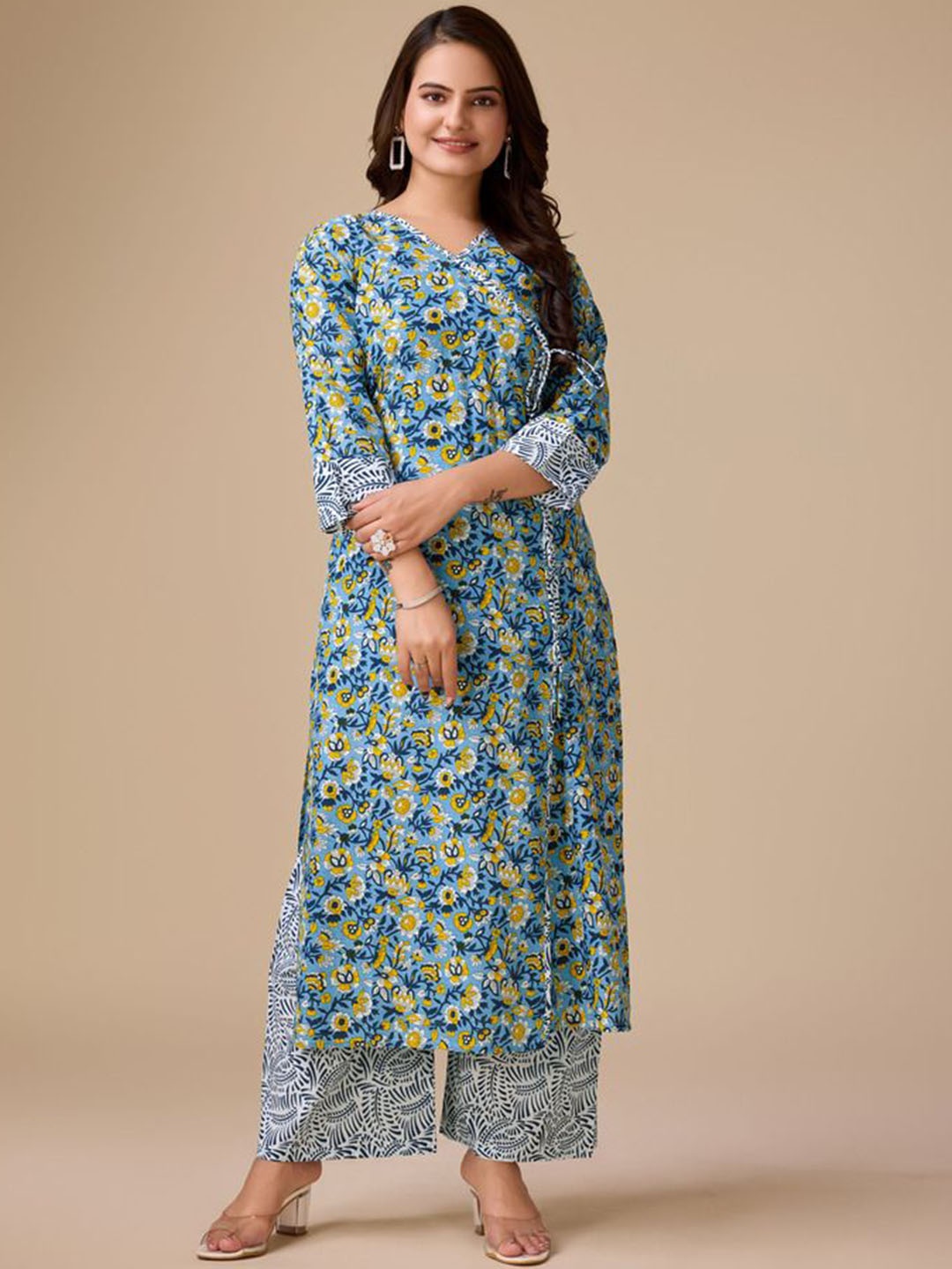 

ADITI ATTIRES Floral Printed Angrakha Pure Cotton A-Line Kurta With Palazzos, Blue