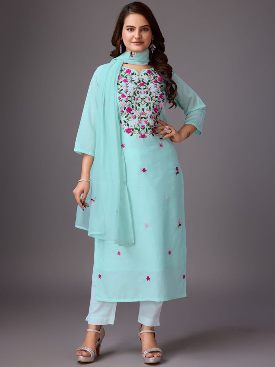 

ADITI ATTIRES Oceanic Opulence Floral Embroidered Cotton Silk Straight Kurta With Dupatta, Blue