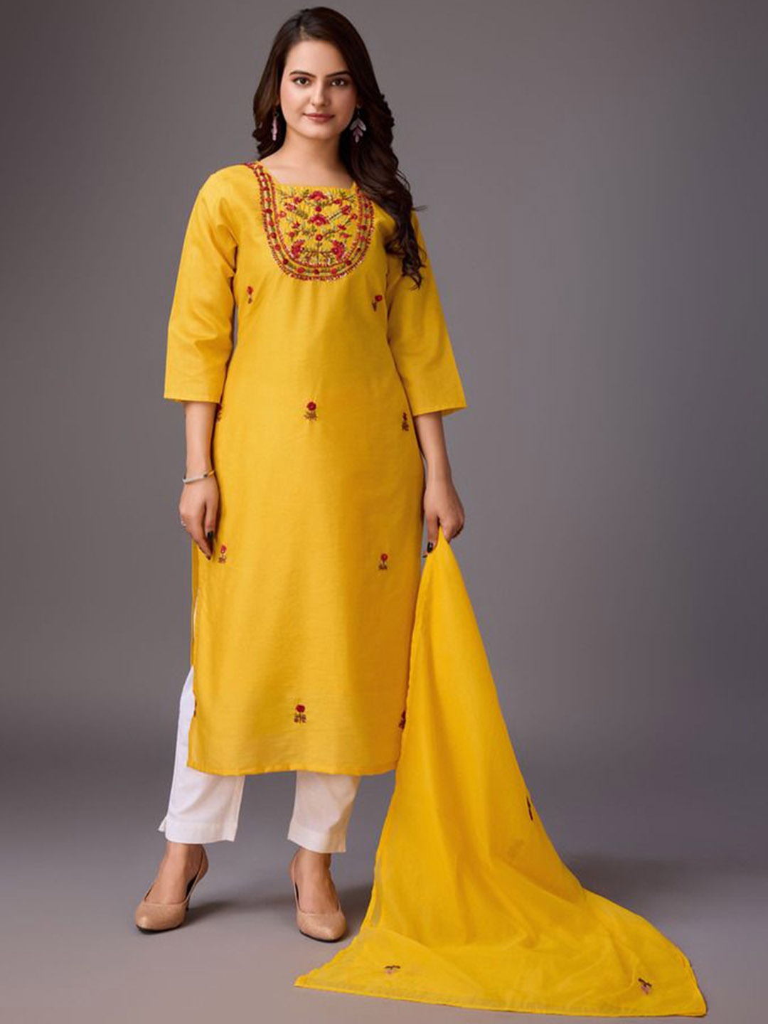 

ADITI ATTIRES Golden Aura Floral Embroidered Cotton Silk Straight Kurta With Dupatta, Yellow