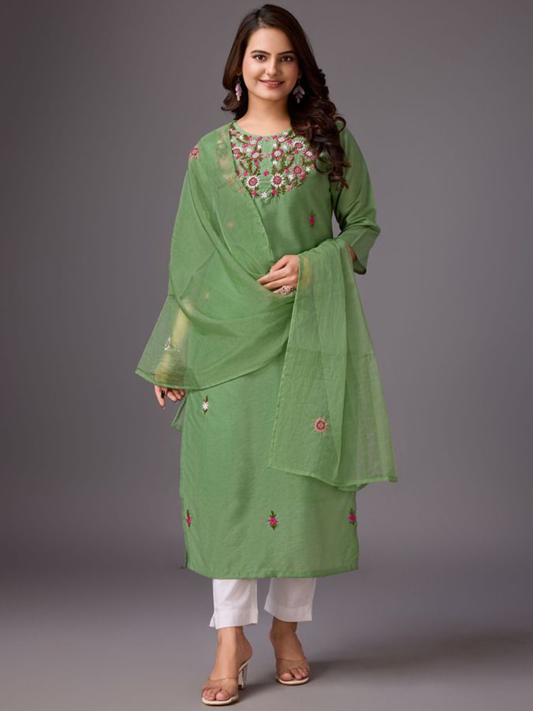 

ADITI ATTIRES Nature's Grace Floral Embroidered Cotton Silk Straight Kurta With Dupatta, Green
