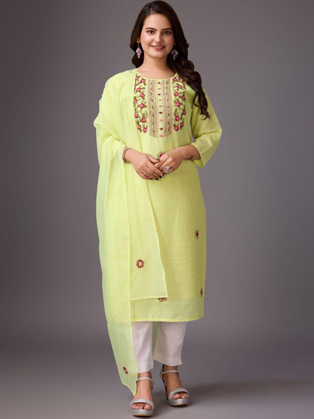 

ADITI ATTIRES Zesty Floral Embroidered Thread Work Cotton Silk Straight Kurta With Dupatta, Yellow
