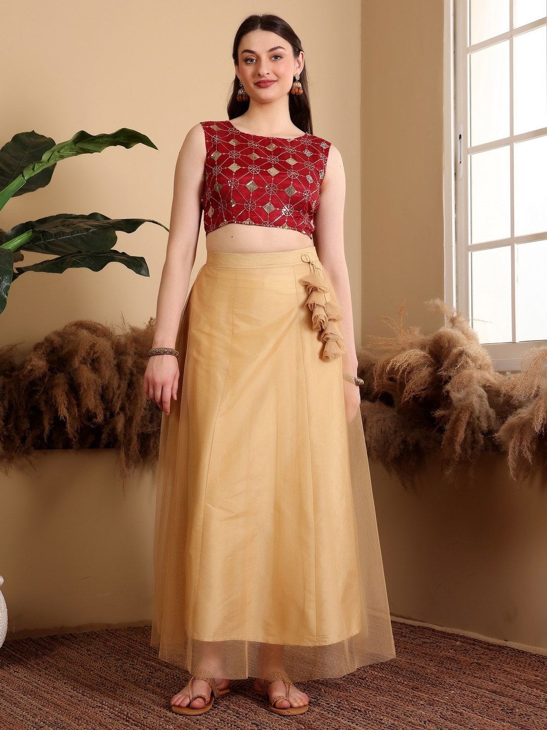 

Frolic Rolic Bling Net Blouse & Skirt Set, Maroon
