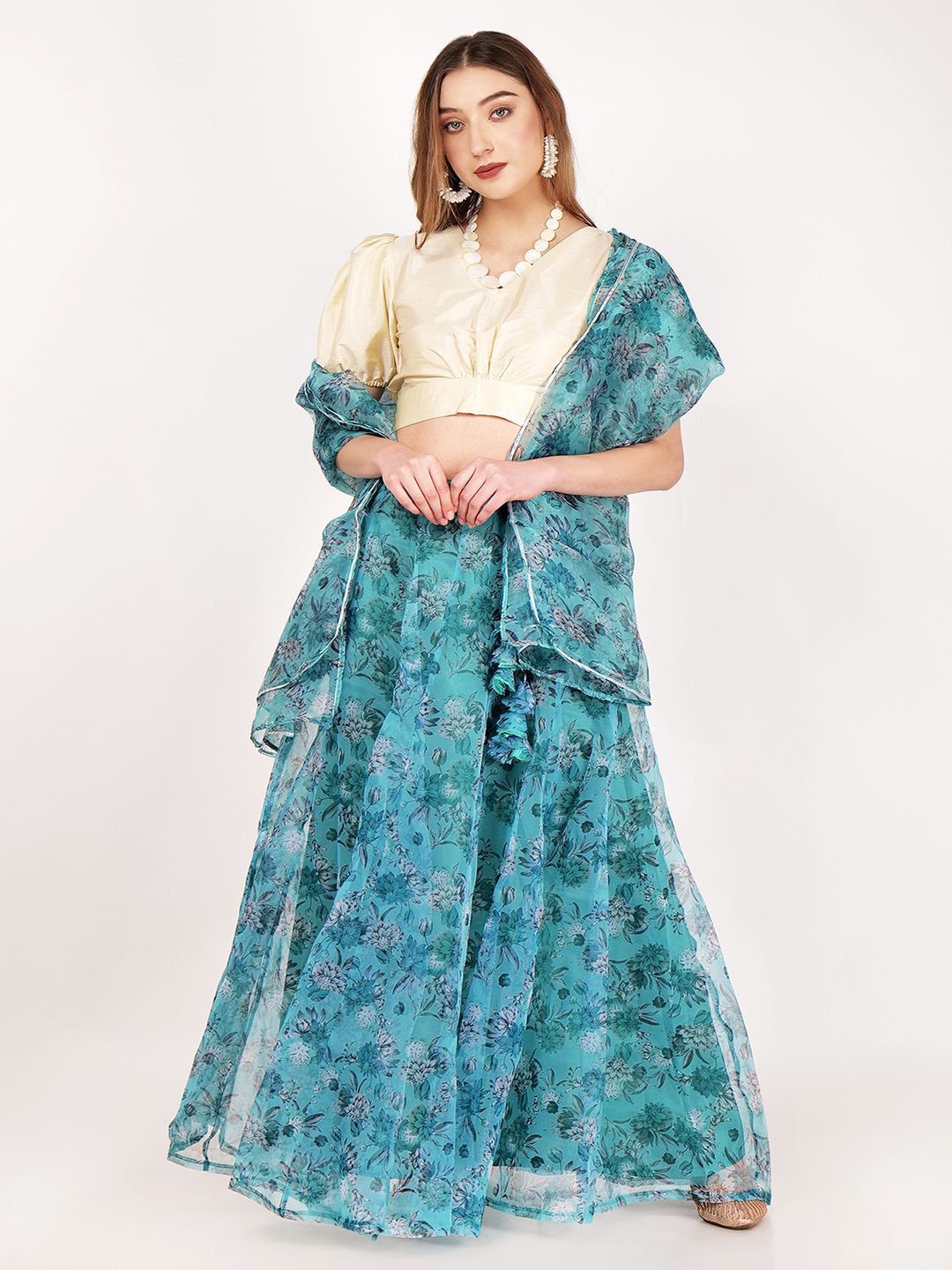 

Frolic Rolic Floral Printed Lehenga & Silk Blouse Set with Dupatta, Turquoise blue