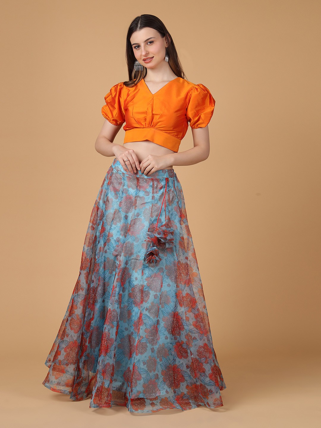 

Frolic Rolic Silk V Neck Blouse & Floral Print Sky Organza Maxi Skirt Set, Orange