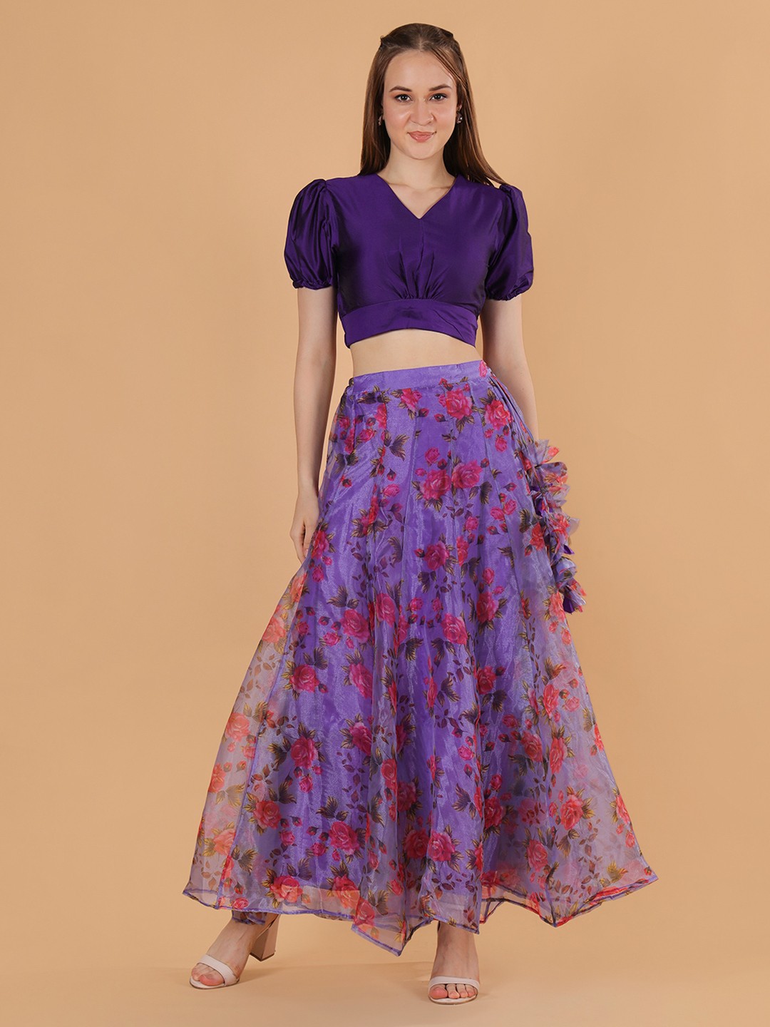 

Frolic Rolic Silk V Neck Blouse & Floral Print Organza Maxi Skirt Set, Lavender