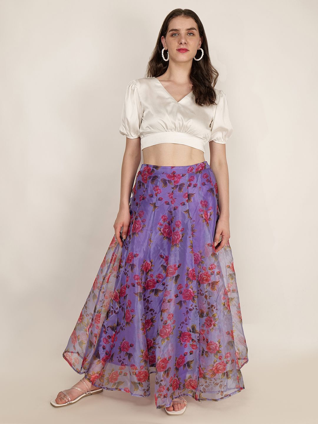 

Frolic Rolic Satin V Neck Blouse & Floral Print Organza Maxi Skirt Set, White