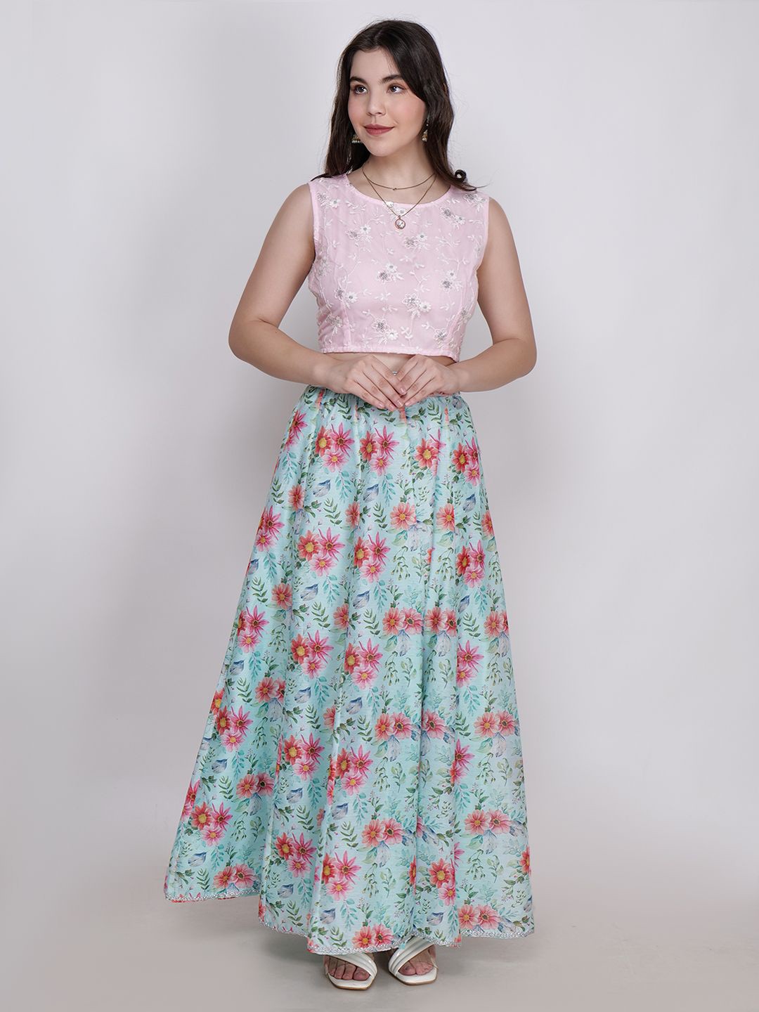 

Frolic Rolic Embroidered Net Blouse & Floral Print Chanderi Skirt Set, Pink