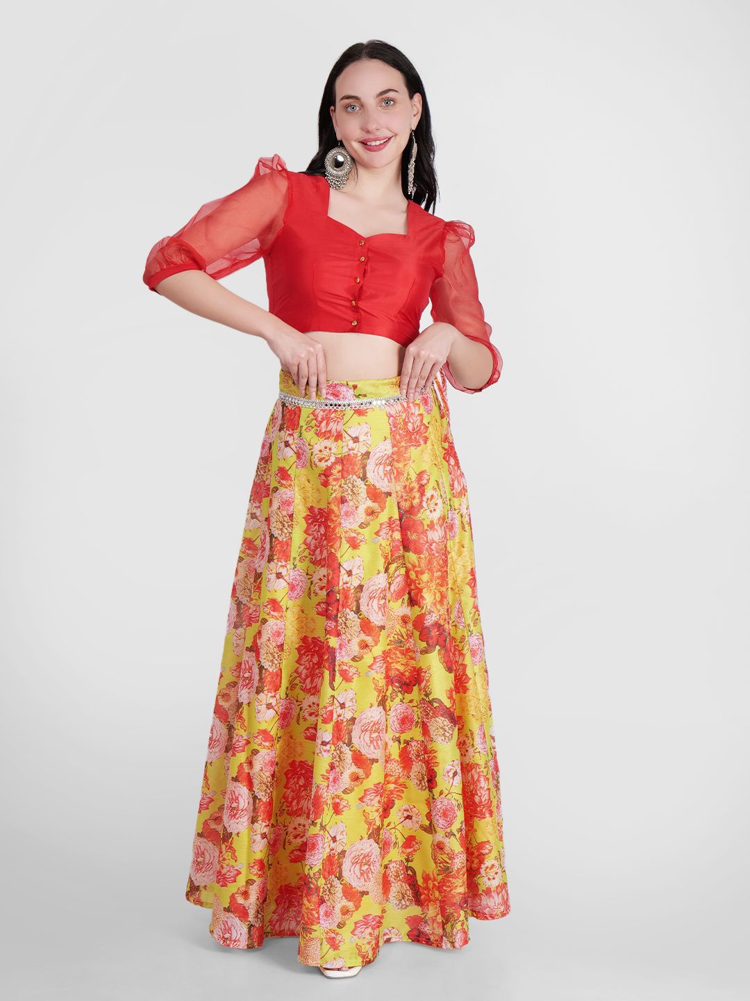 

Frolic Rolic Floral Printed Sweetheart Neck Puff Sleeves Ready to Wear Lehenga & Blouse, Red