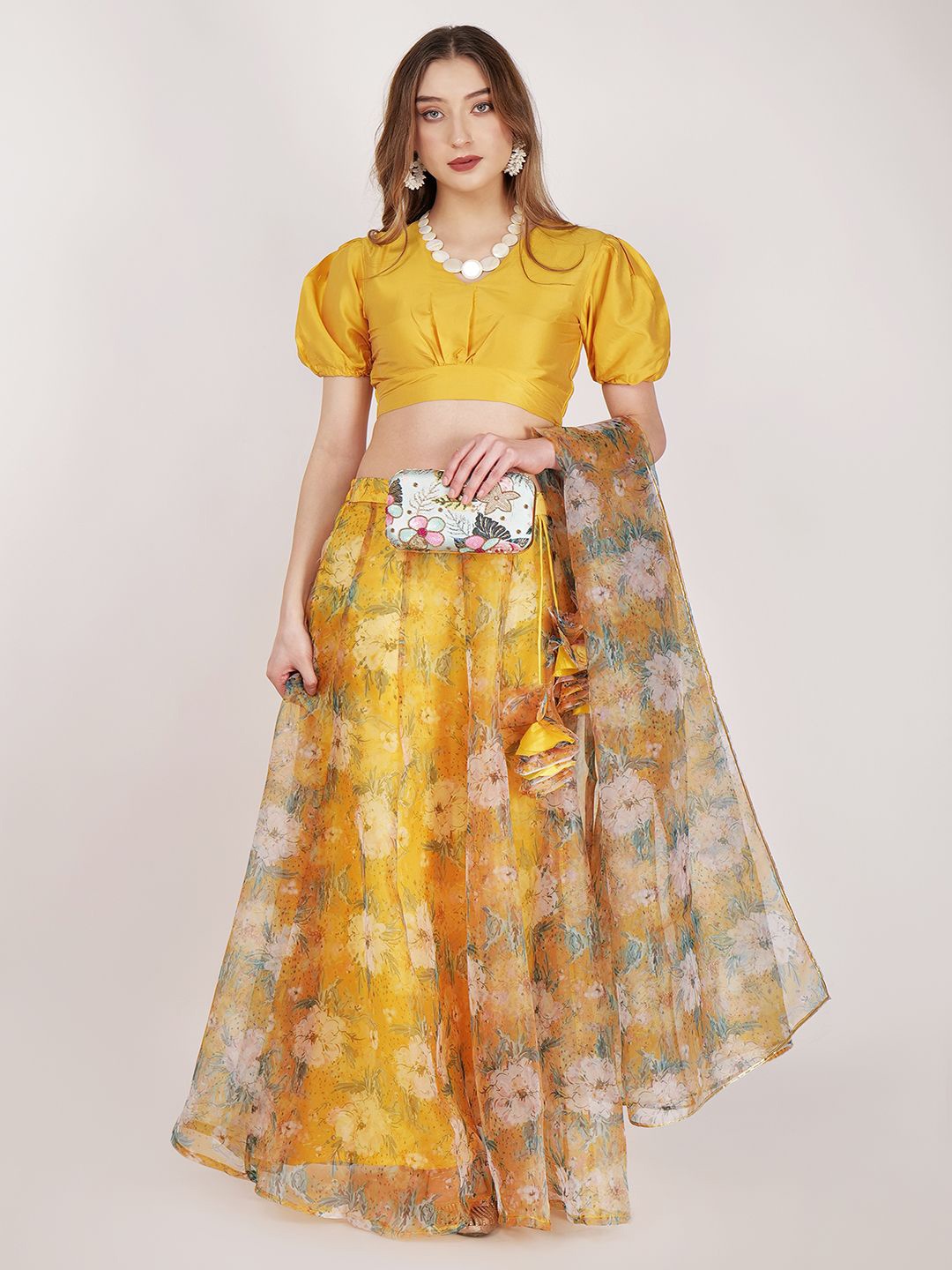 

Frolic Rolic Floral Printed Lehenga & Silk Blouse Set with Dupatta, Yellow