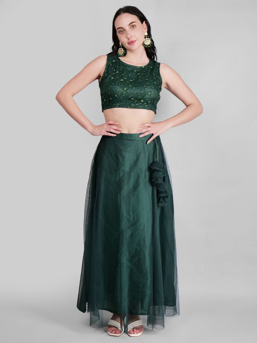 

Frolic Rolic Floral Embroidered Sequinned Net Ready to Wear Lehenga & Blouse, Green